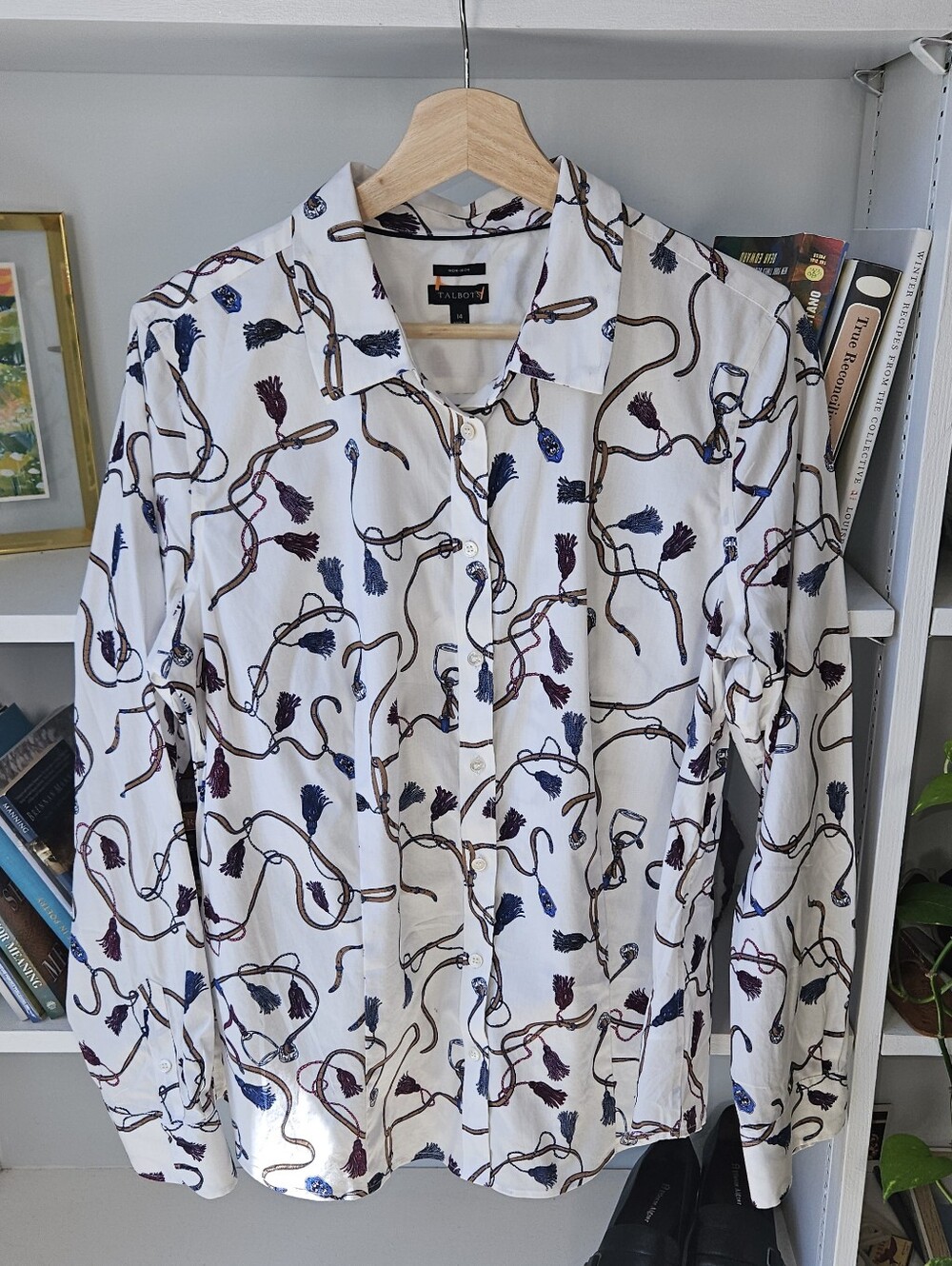 Talbots White Rope & Tassel Equstrian Print Button-Down Shirt Size 14 /Large